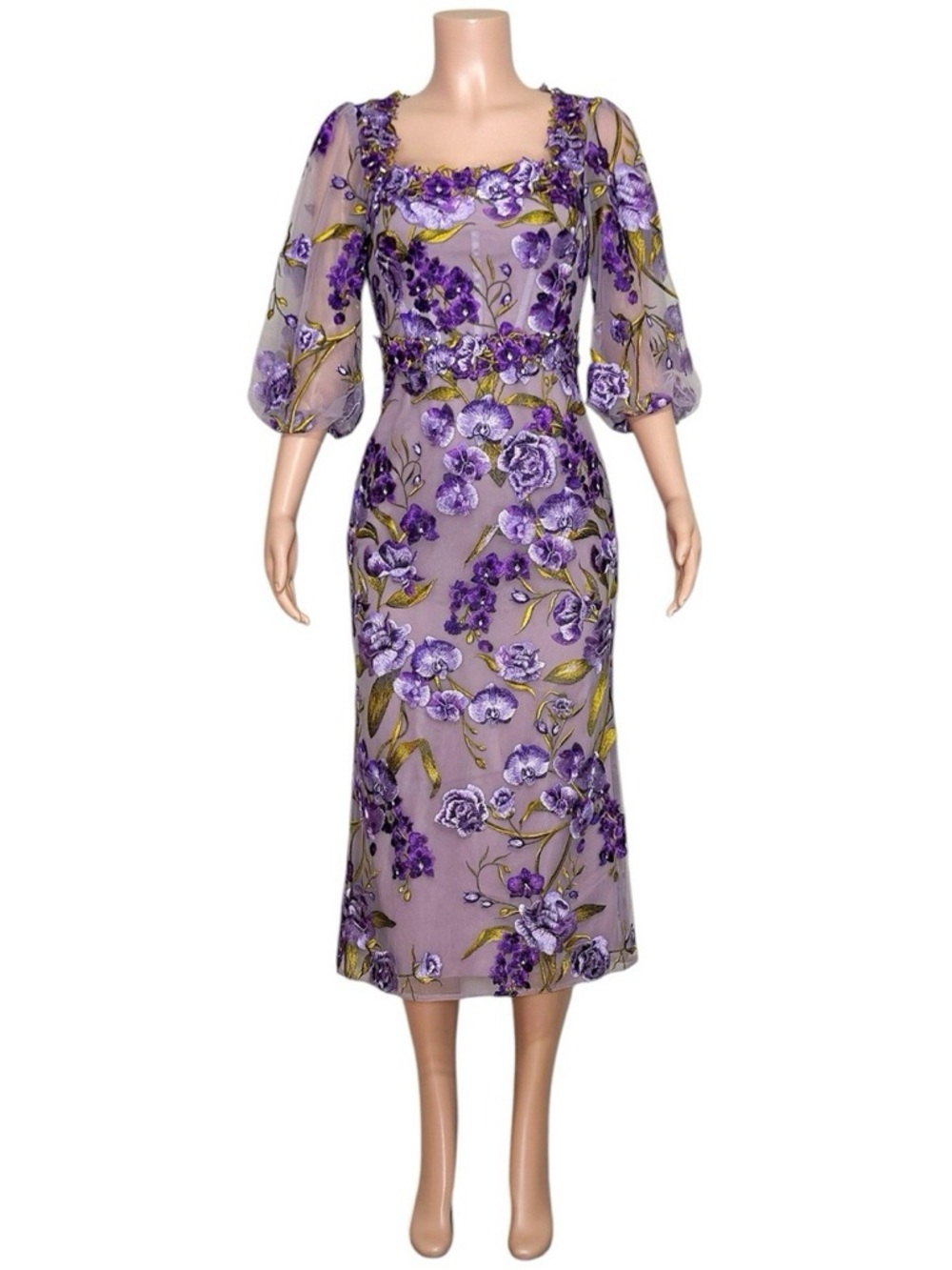 MARCHESA NOTTE Orchid & Rose Embroidered Tulle Cocktail Dress, Purple, 2 (US) - Picture 6 of 12